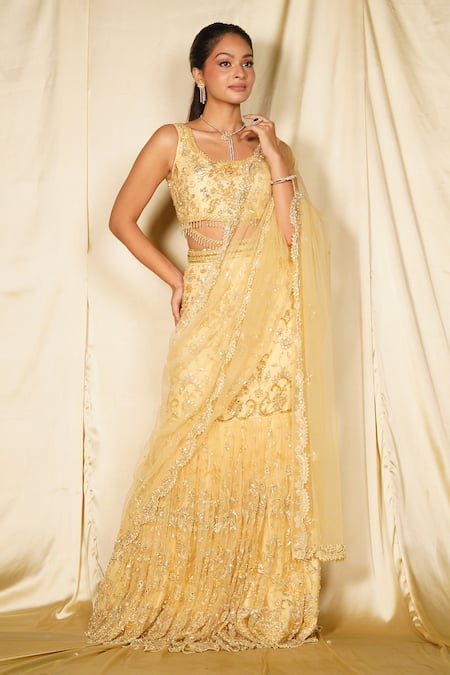 Mehak Murpana_Gold Net, Linen Beads, Sequins, Cut Work Cutdana Embroidered Fishcut Lehenga Set _at_Aza_Fashions