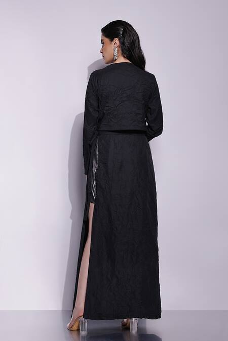 Shop Devina Juneja Black Crepe, Lycra Layered Maxi Satin Skirt at Aza Fashions Shop_Devina Juneja_Black Crepe, Lycra Layered Maxi Satin Skirt_at_Aza_Fashions