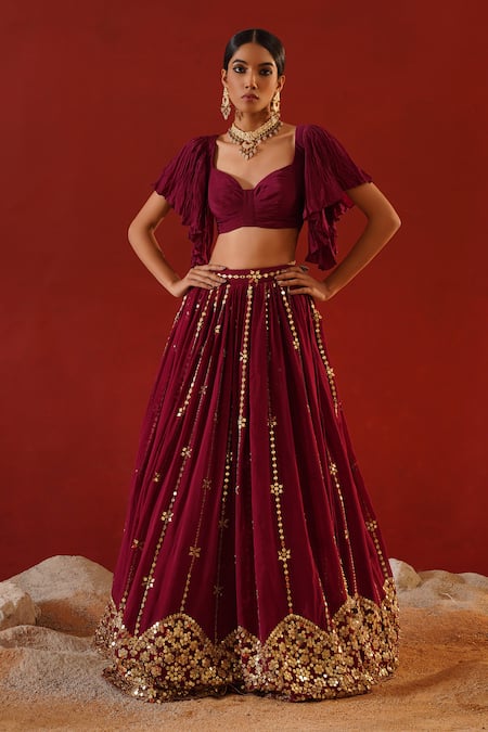 Buy_Kapda Dori_Burgundy Crepe, Leatherette, Georgette Sequins Embroidered Lehenga Set 