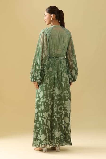 Shop Pankaj & Nidhi Green Chiffon Embroidery Bandeau Neck 3d Flower Embellished Maxi Dress at Aza Fashions Shop_Pankaj & Nidhi_Green Chiffon Embroidery Bandeau Neck 3d Flower Embellished Maxi Dress _at_Aza_Fashions