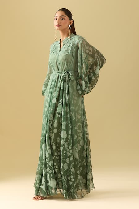 Pankaj & Nidhi Green Chiffon Embroidery Bandeau Neck 3d Flower Embellished Maxi Dress Online at Aza Fashions Pankaj & Nidhi_Green Chiffon Embroidery Bandeau Neck 3d Flower Embellished Maxi Dress _Online_at_Aza_Fashions