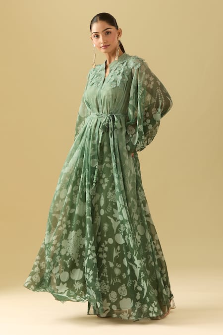 Buy Pankaj & Nidhi Green Chiffon Embroidery Bandeau Neck 3d Flower Embellished Maxi Dress Online at Aza Fashions Buy_Pankaj & Nidhi_Green Chiffon Embroidery Bandeau Neck 3d Flower Embellished Maxi Dress _Online_at_Aza_Fashions