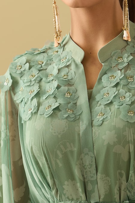 Pankaj & Nidhi Green Chiffon Embroidery Bandeau Neck 3d Flower Embellished Maxi Dress at Aza Fashions Pankaj & Nidhi_Green Chiffon Embroidery Bandeau Neck 3d Flower Embellished Maxi Dress _at_Aza_Fashions