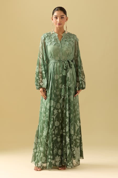 Buy Pankaj & Nidhi Green Chiffon Embroidery Bandeau Neck 3d Flower Embellished Maxi Dress Buy_Pankaj & Nidhi_Green Chiffon Embroidery Bandeau Neck 3d Flower Embellished Maxi Dress