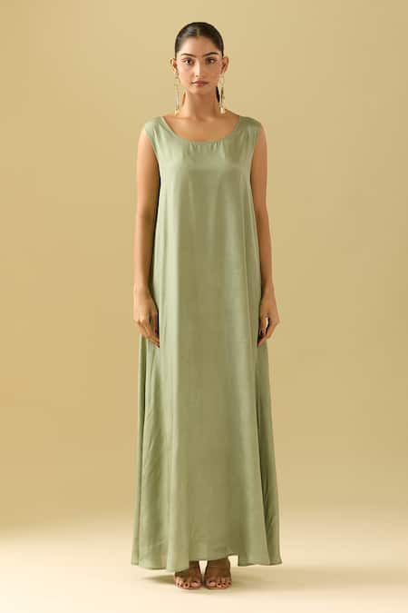Shop Pankaj & Nidhi Green Chiffon Embroidery Bandeau Neck 3d Flower Embellished Maxi Dress Shop_Pankaj & Nidhi_Green Chiffon Embroidery Bandeau Neck 3d Flower Embellished Maxi Dress