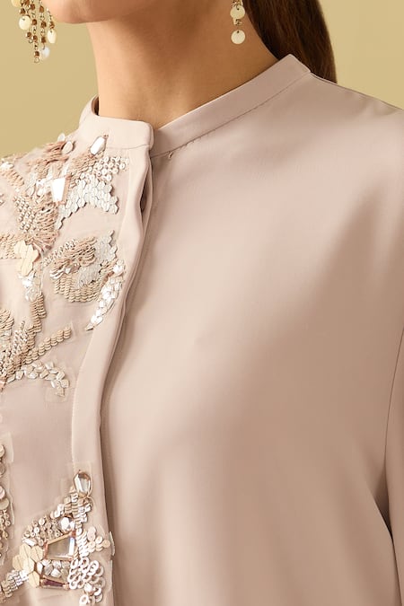 Buy_Pankaj & Nidhi_Pink Sequins Collared Champagne Applique Work Tunic _Online_at_Aza_Fashions