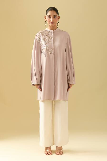 Shop_Pankaj & Nidhi_Pink Sequins Collared Champagne Applique Work Tunic _Online_at_Aza_Fashions