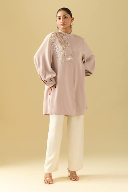 Pankaj & Nidhi_Pink Sequins Collared Champagne Applique Work Tunic _at_Aza_Fashions
