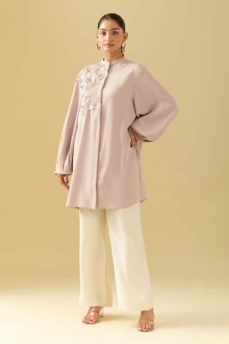 Buy_Pankaj & Nidhi_Pink Sequins Collared Champagne Applique Work Tunic 