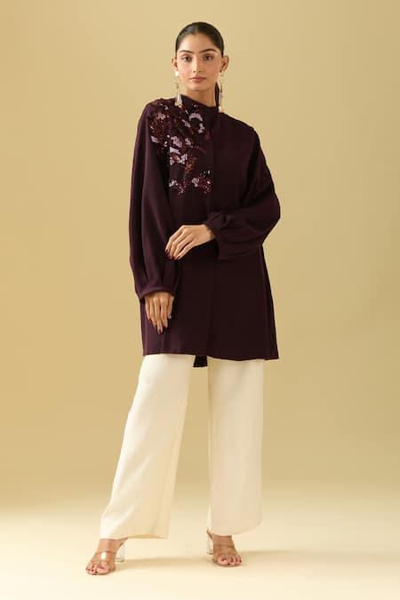 Pankaj & Nidhi_Purple Sequins, Crystals Bandeau Neck Bordeaux Applique Short Tunic _Online_at_Aza_Fashions