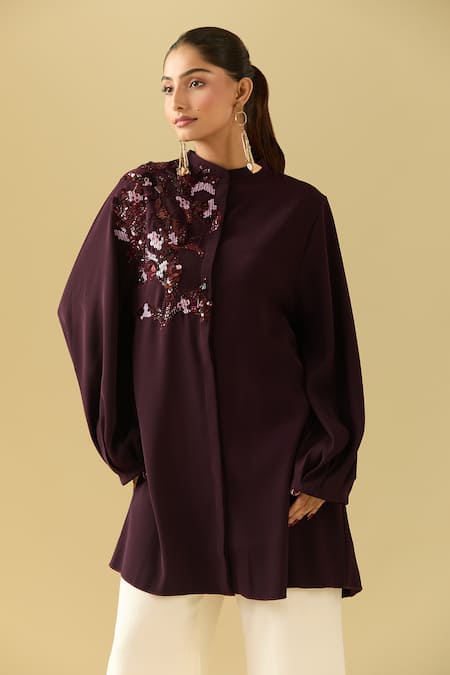 Buy_Pankaj & Nidhi_Purple Sequins, Crystals Bandeau Neck Bordeaux Applique Short Tunic _Online_at_Aza_Fashions
