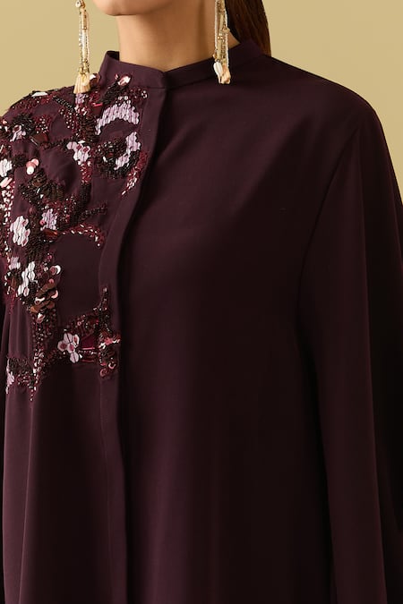 Shop_Pankaj & Nidhi_Purple Sequins, Crystals Bandeau Neck Bordeaux Applique Short Tunic _Online_at_Aza_Fashions