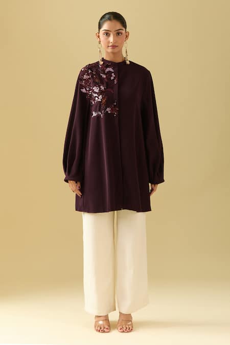 Pankaj & Nidhi_Purple Sequins, Crystals Bandeau Neck Bordeaux Applique Short Tunic _at_Aza_Fashions