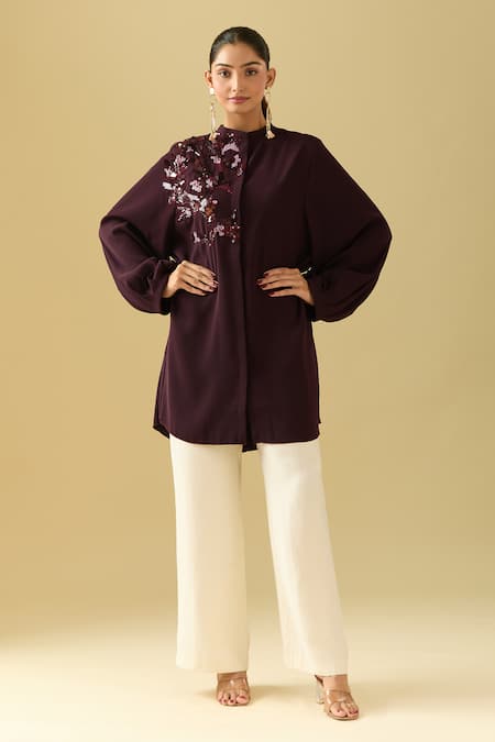 Buy_Pankaj & Nidhi_Purple Sequins, Crystals Bandeau Neck Bordeaux Applique Short Tunic 