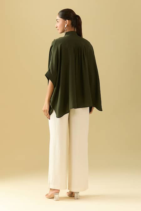 Shop_Pankaj & Nidhi_Green Tassels, Embroidery Collared Asymmetric 3d Floral Top _at_Aza_Fashions