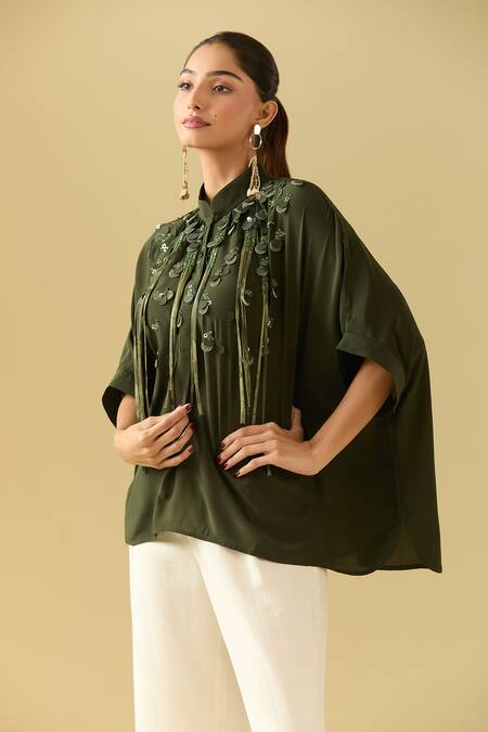 Pankaj & Nidhi_Green Tassels, Embroidery Collared Asymmetric 3d Floral Top _Online_at_Aza_Fashions