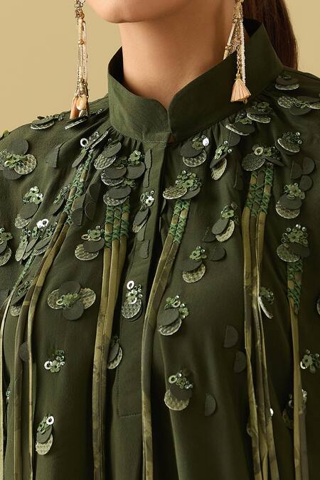 Buy_Pankaj & Nidhi_Green Tassels, Embroidery Collared Asymmetric 3d Floral Top _Online_at_Aza_Fashions