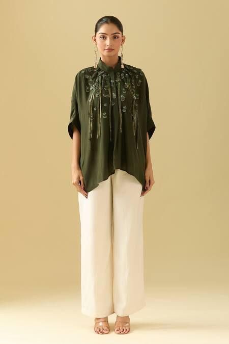 Shop_Pankaj & Nidhi_Green Tassels, Embroidery Collared Asymmetric 3d Floral Top _Online_at_Aza_Fashions