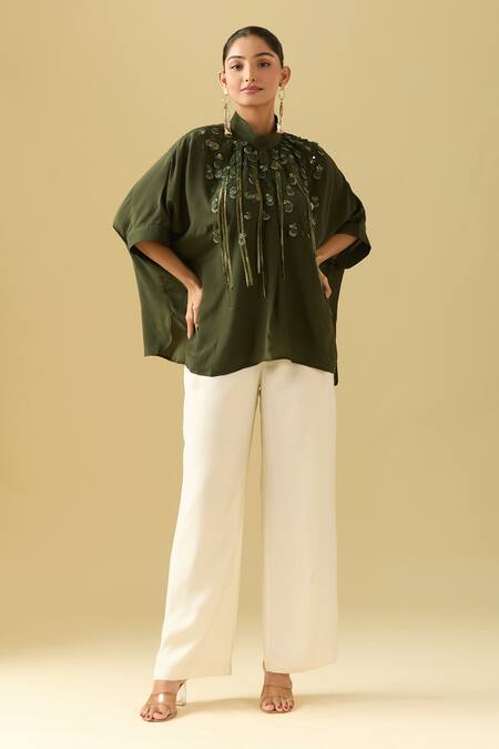 Pankaj & Nidhi_Green Tassels, Embroidery Collared Asymmetric 3d Floral Top _at_Aza_Fashions