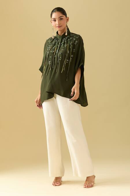 Buy_Pankaj & Nidhi_Green Tassels, Embroidery Collared Asymmetric 3d Floral Top 