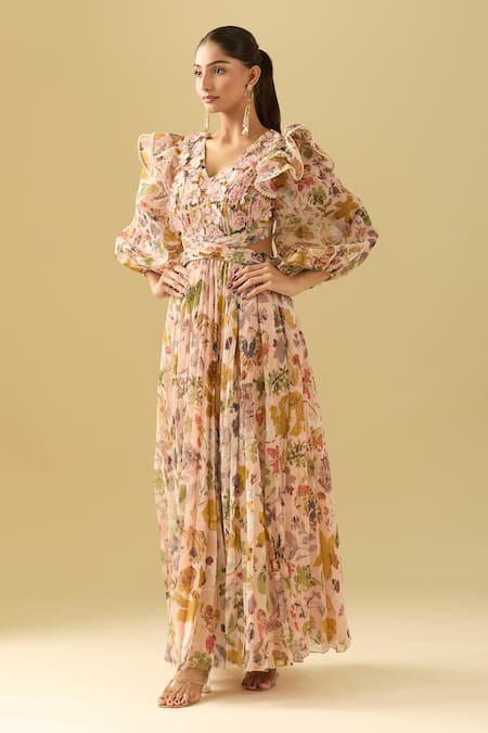 Pankaj & Nidhi_Pink Chiffon Lace V-neck Floral Maxi Dress _Online_at_Aza_Fashions