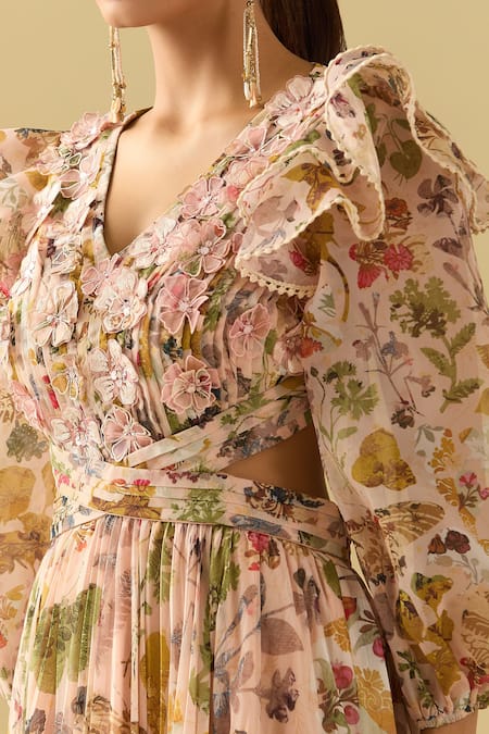 Buy_Pankaj & Nidhi_Pink Chiffon Lace V-neck Floral Maxi Dress _Online_at_Aza_Fashions