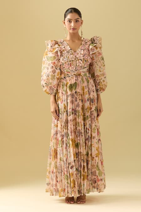 Shop_Pankaj & Nidhi_Pink Chiffon Lace V-neck Floral Maxi Dress _Online_at_Aza_Fashions