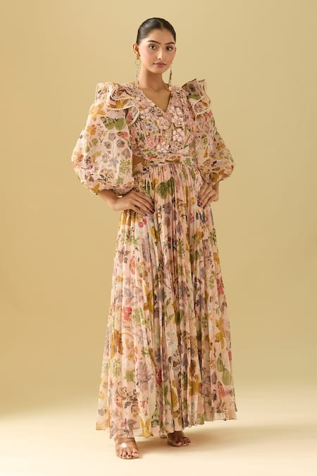 Pankaj & Nidhi_Pink Chiffon Lace V-neck Floral Maxi Dress _at_Aza_Fashions