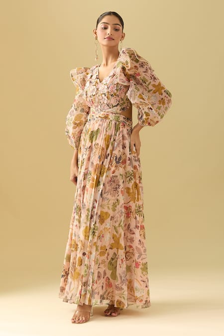 Buy_Pankaj & Nidhi_Pink Chiffon Lace V-neck Floral Maxi Dress 