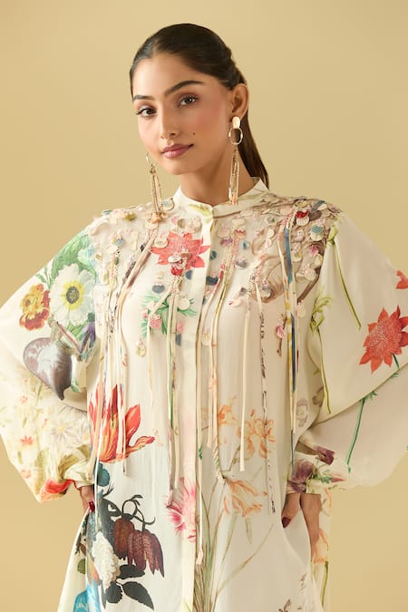 Pankaj & Nidhi_Beige Chiffon Tassels, Embroidery Bandeau Neck 3d Floral Tunic _Online_at_Aza_Fashions