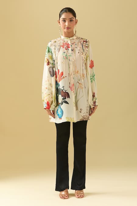 Buy_Pankaj & Nidhi_Beige Chiffon Tassels, Embroidery Bandeau Neck 3d Floral Tunic _Online_at_Aza_Fashions