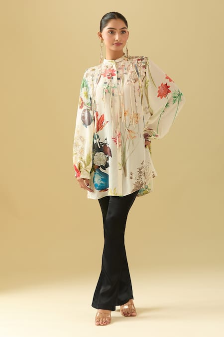 Shop_Pankaj & Nidhi_Beige Chiffon Tassels, Embroidery Bandeau Neck 3d Floral Tunic _Online_at_Aza_Fashions