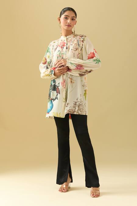 Pankaj & Nidhi_Beige Chiffon Tassels, Embroidery Bandeau Neck 3d Floral Tunic _at_Aza_Fashions