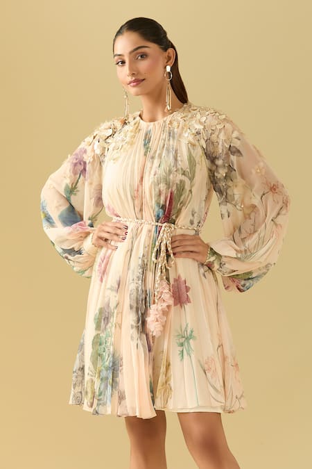 Pankaj & Nidhi_Beige Chiffon Embroidery Round Neck Embellished Floral Dress With Braided Belt _Online_at_Aza_Fashions
