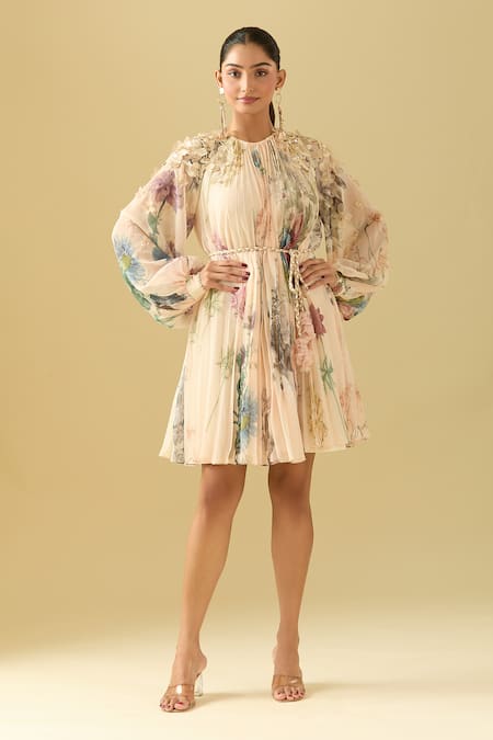 Shop_Pankaj & Nidhi_Beige Chiffon Embroidery Round Neck Embellished Floral Dress With Braided Belt _Online_at_Aza_Fashions