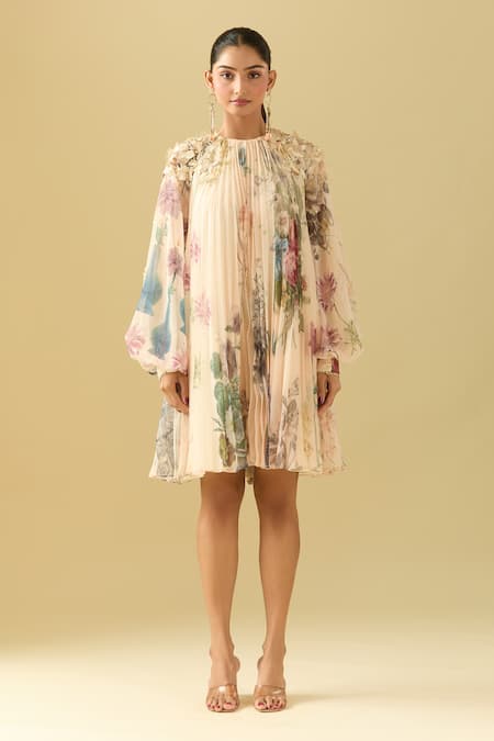 Buy_Pankaj & Nidhi_Beige Chiffon Embroidery Round Neck Embellished Floral Dress With Braided Belt 