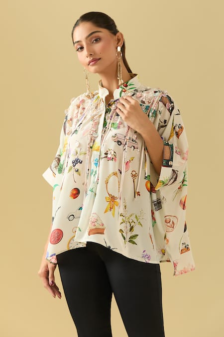 Pankaj & Nidhi_Beige Tassels, Embroidery Collared 3d Asymmetric Top _Online_at_Aza_Fashions