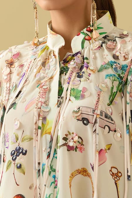 Buy_Pankaj & Nidhi_Beige Tassels, Embroidery Collared 3d Asymmetric Top _Online_at_Aza_Fashions