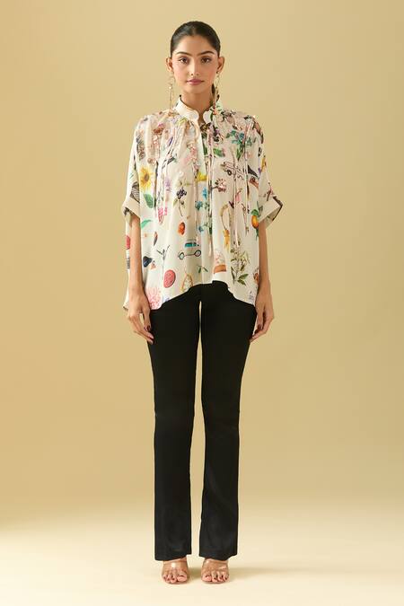 Shop_Pankaj & Nidhi_Beige Tassels, Embroidery Collared 3d Asymmetric Top _Online_at_Aza_Fashions