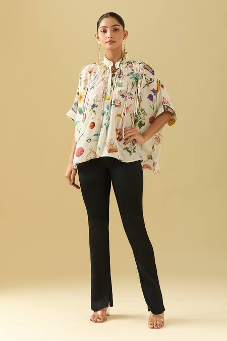 Pankaj & Nidhi_Beige Tassels, Embroidery Collared 3d Asymmetric Top _at_Aza_Fashions