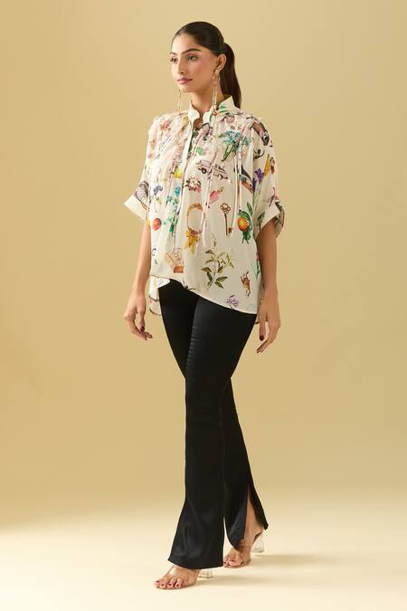 Buy_Pankaj & Nidhi_Beige Tassels, Embroidery Collared 3d Asymmetric Top 