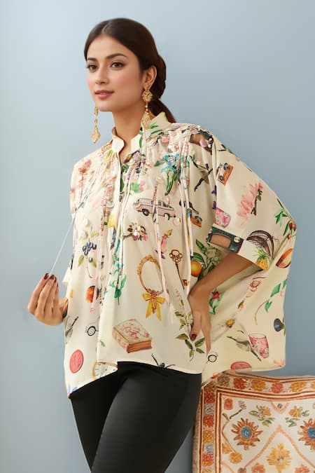 Shop_Pankaj & Nidhi_Beige Tassels, Embroidery Collared 3d Asymmetric Top 