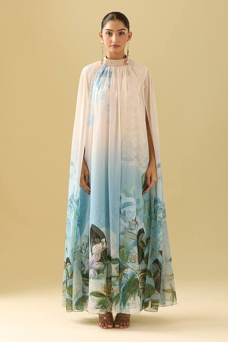 Pankaj & Nidhi Beige Embroidery High , Round Embellished Botanical Cape Dress Online at Aza Fashions Pankaj & Nidhi_Beige Embroidery High , Round Embellished Botanical Cape Dress _Online_at_Aza_Fashions