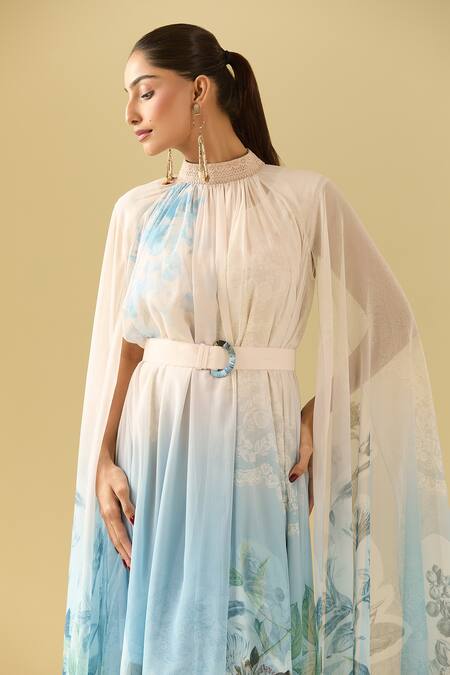 Buy Pankaj & Nidhi Beige Embroidery High , Round Embellished Botanical Cape Dress Online at Aza Fashions Buy_Pankaj & Nidhi_Beige Embroidery High , Round Embellished Botanical Cape Dress _Online_at_Aza_Fashions