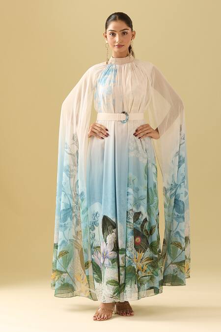 Pankaj & Nidhi Beige Embroidery High , Round Embellished Botanical Cape Dress at Aza Fashions Pankaj & Nidhi_Beige Embroidery High , Round Embellished Botanical Cape Dress _at_Aza_Fashions