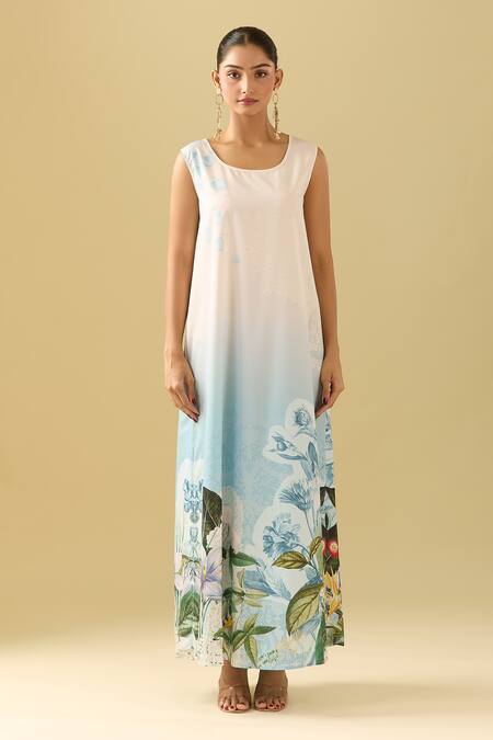 Buy Pankaj & Nidhi Beige Embroidery High , Round Embellished Botanical Cape Dress Buy_Pankaj & Nidhi_Beige Embroidery High , Round Embellished Botanical Cape Dress