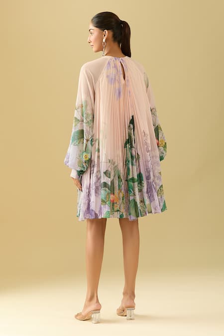 Shop Pankaj & Nidhi Pink Round Neck Botanical Pattern Pleated Dress at Aza Fashions Shop_Pankaj & Nidhi_Pink Round Neck Botanical Pattern Pleated Dress _at_Aza_Fashions