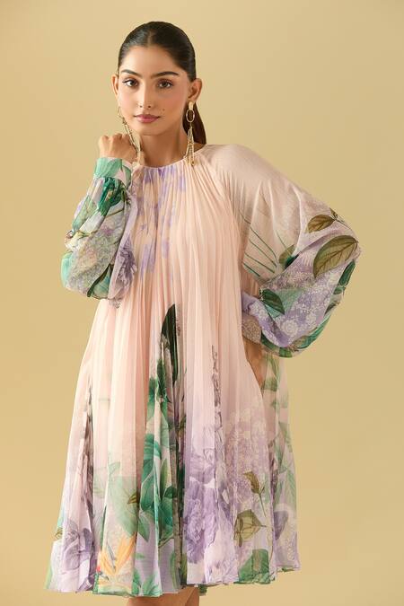 Pankaj & Nidhi Pink Round Neck Botanical Pattern Pleated Dress Online at Aza Fashions Pankaj & Nidhi_Pink Round Neck Botanical Pattern Pleated Dress _Online_at_Aza_Fashions
