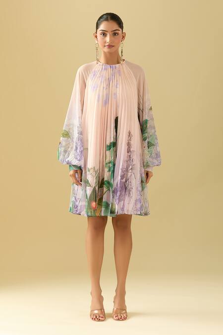 Shop Pankaj & Nidhi Pink Round Neck Botanical Pattern Pleated Dress Online at Aza Fashions Shop_Pankaj & Nidhi_Pink Round Neck Botanical Pattern Pleated Dress _Online_at_Aza_Fashions