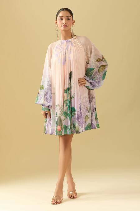 Pankaj & Nidhi Pink Round Neck Botanical Pattern Pleated Dress at Aza Fashions Pankaj & Nidhi_Pink Round Neck Botanical Pattern Pleated Dress _at_Aza_Fashions